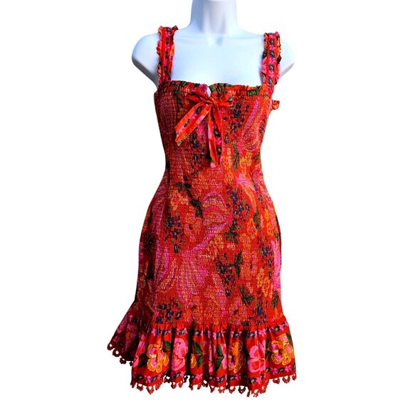 FARM Rio Dresses & Skirts - Farm Rio Red Floral Smocked Bodycon Mini Dress Size L M L